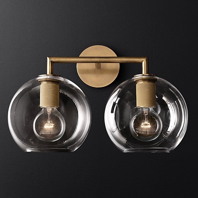 Бра RH Utilitaire Globe Shade Double Sconce Brass Прозрачное Стекло Латунь Бра RH Utilitaire Globe Shade Double Sconce Brass Прозрачное Стекло Латунь в Твери | Loft Concept