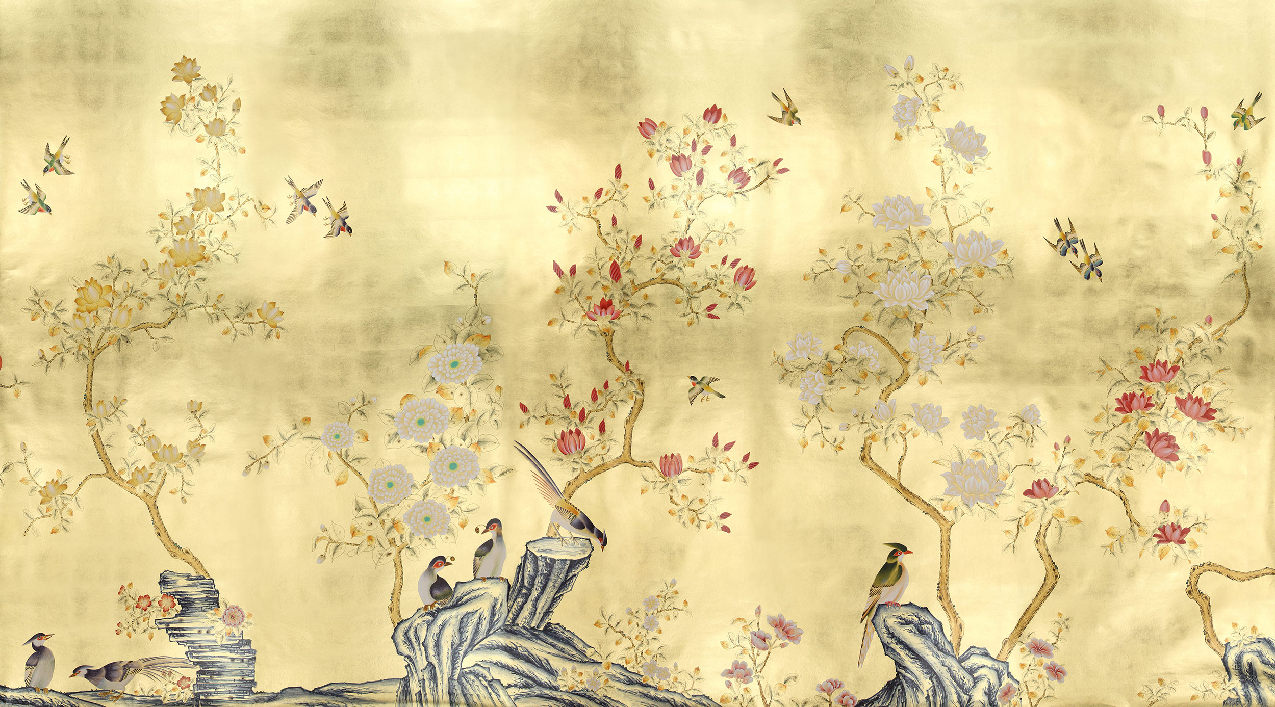 Обои шинуазри Japanese Garden Original colourway on Deep Rich Gold gilded paper Обои шинуазри Japanese Garden Original colourway on Deep Rich Gold gilded paper - постер Loft-Concept в Твери