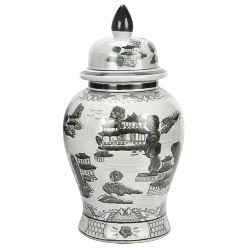 Ваза с крышкой Chinoiserie Ceramics Village Vase Серый Белый Ваза с крышкой Chinoiserie Ceramics Village Vase Серый Белый в Твери | Loft Concept