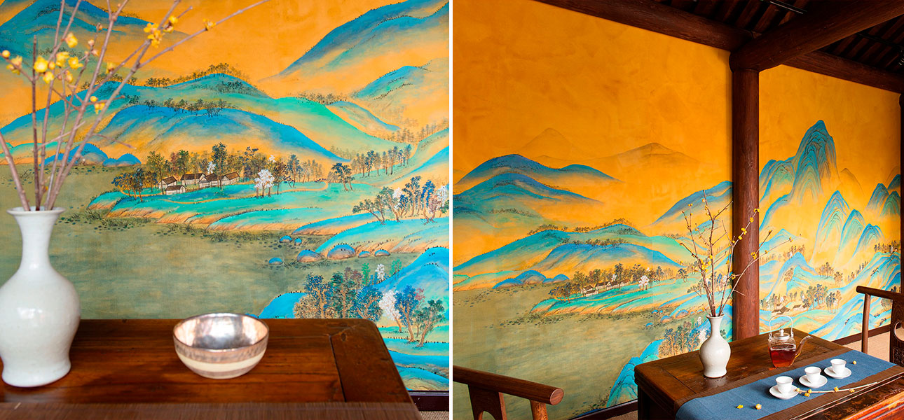 Обои ручная роспись A Thousand Li of Rivers and Mountains Original colourway on brown painted Xuan paper - фото