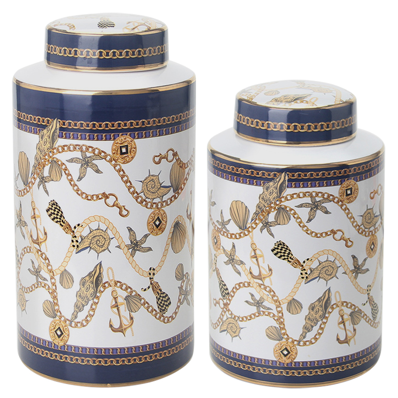 Ваза с крышкой Marine Motif Vase Белый Синий Золотой Бежевый Ваза с крышкой Marine Motif Vase Белый Синий Золотой Бежевый в Твери | Loft Concept