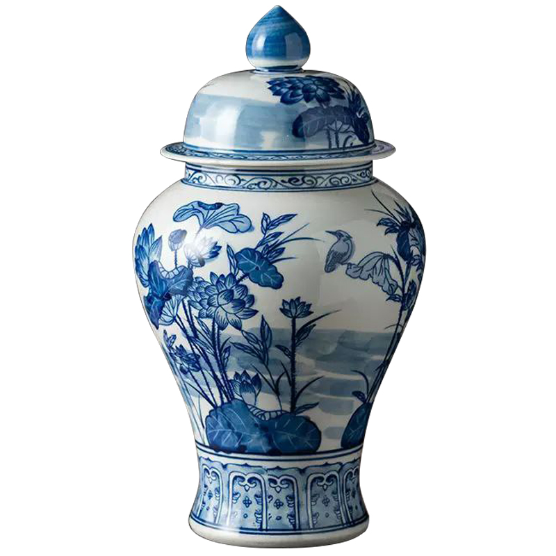 Ваза с крышкой Ceramic Blue Flowers and Bird Vase Белый Синий Ваза с крышкой Ceramic Blue Flowers and Bird Vase Белый Синий в Твери | Loft Concept