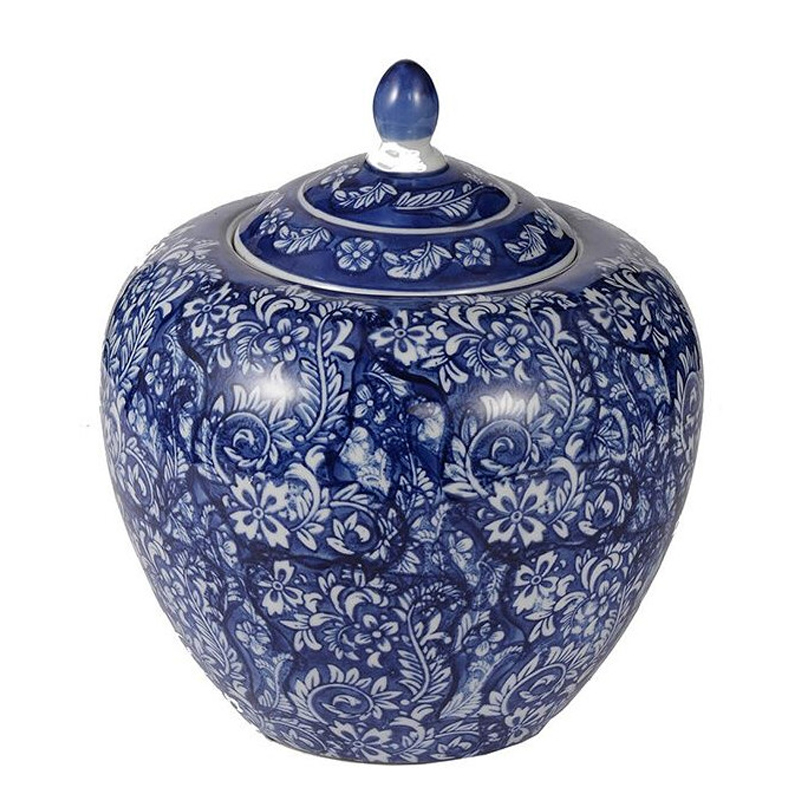 Ваза округлой формы с синей росписью и цветочным узором Blue & White Ornament Белый Синий Ваза округлой формы с синей росписью и цветочным узором Blue & White Ornament Белый Синий в Твери | Loft Concept