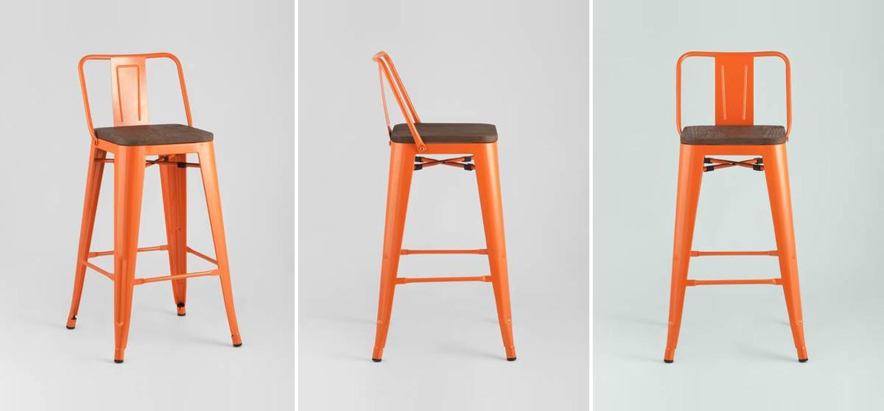 Барный Стул Tolix Оранжевый Глянцевый Металл Деревянное Сидение - фото