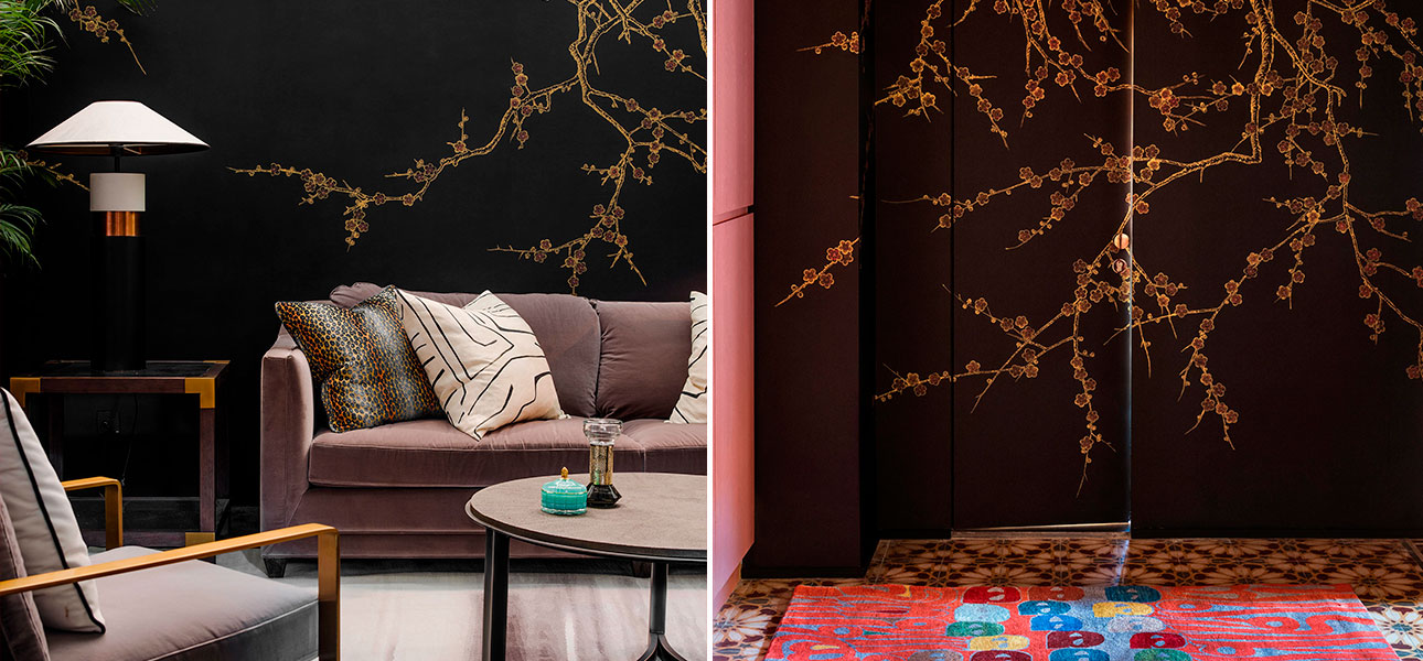 Обои ручная роспись Plum Blossom Colourway SC-226 on black painted silk - фото №1