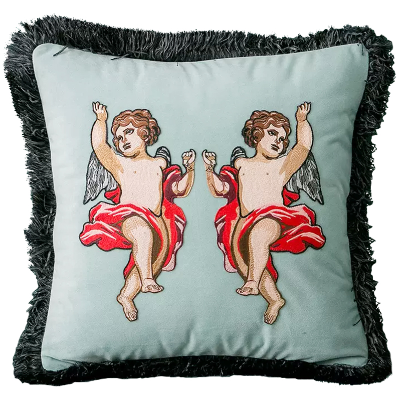 Декоративная подушка с вышивкой Стиль Gucci Angels Cushion Мятный Серый Бежевый Красный Декоративная подушка с вышивкой Стиль Gucci Angels Cushion Мятный Серый Бежевый Красный в Твери | Loft Concept