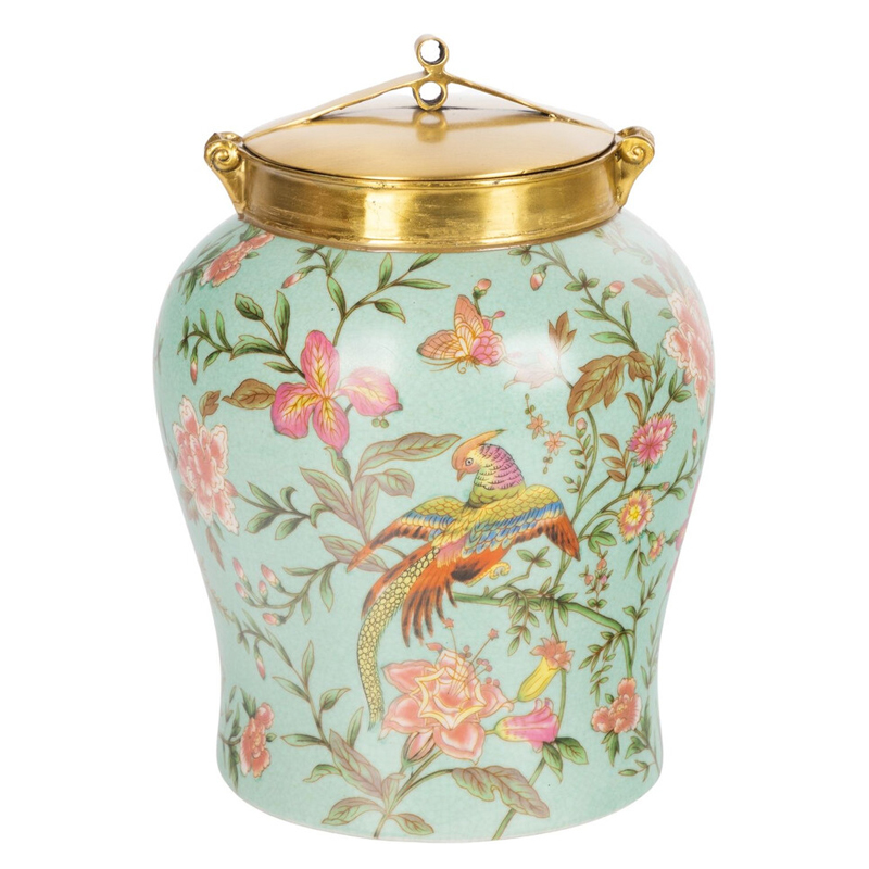 Ваза округлой формы из фарфора с рисунком и бронзовой крышкой Turquoise Blooming Garden Мульти Бронза Бирюзовый Ваза округлой формы из фарфора с рисунком и бронзовой крышкой Turquoise Blooming Garden Мульти Бронза Бирюзовый в Твери | Loft Concept