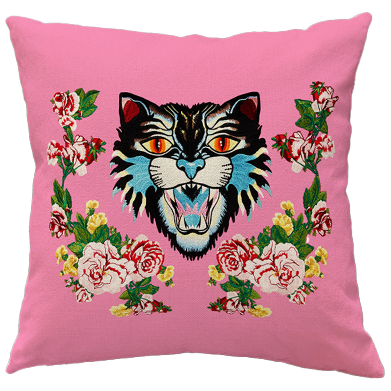 Декоративная подушка Стиль Gucci Cat Pink Розовый Мульти Декоративная подушка Стиль Gucci Cat Pink Розовый Мульти в Твери | Loft Concept