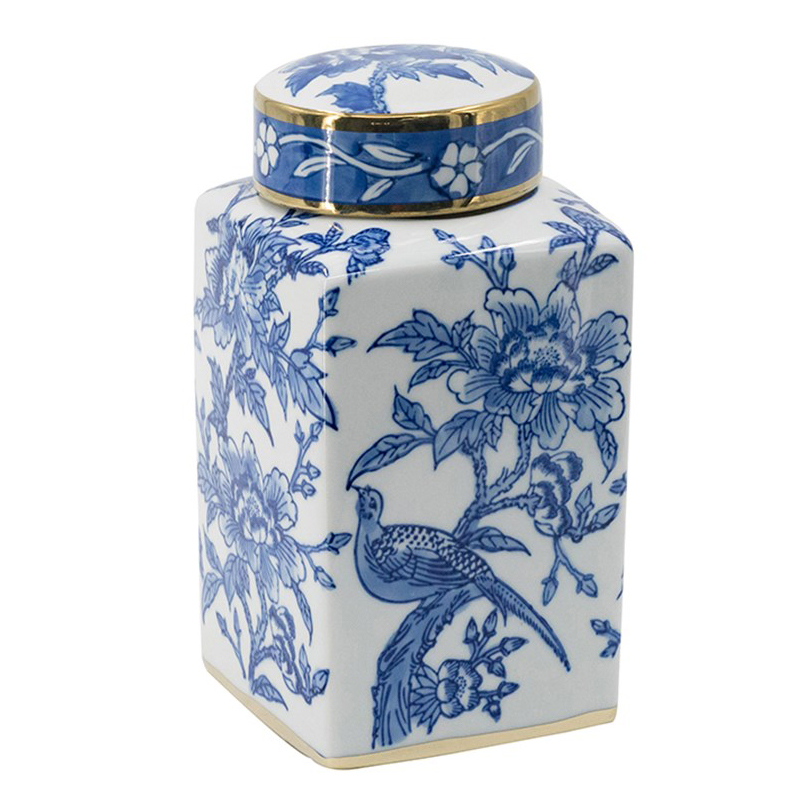 Ваза с крышкой Bird & Flowers Oriental Ornament Глянцевое золото Белый Синий Ваза с крышкой Bird & Flowers Oriental Ornament Глянцевое золото Белый Синий в Твери | Loft Concept