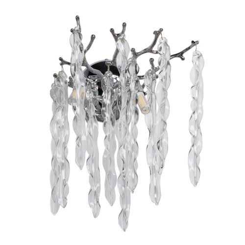 Бра цвета хром с ветвями и прозрачными стеклянными подвесками в виде вытянутых спиральных капель Droplet Chandelier Хром Прозрачный в Твери | Loft Concept 