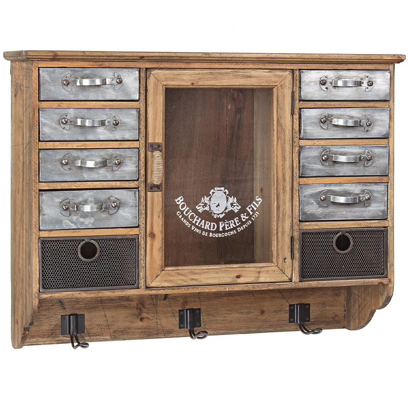 Полка в винтажном стиле с витриной и металлическими выдвижными ящиками Vintage Wood Shelf Коричневый Серебряный Полка в винтажном стиле с витриной и металлическими выдвижными ящиками Vintage Wood Shelf Коричневый Серебряный в Твери | Loft Concept