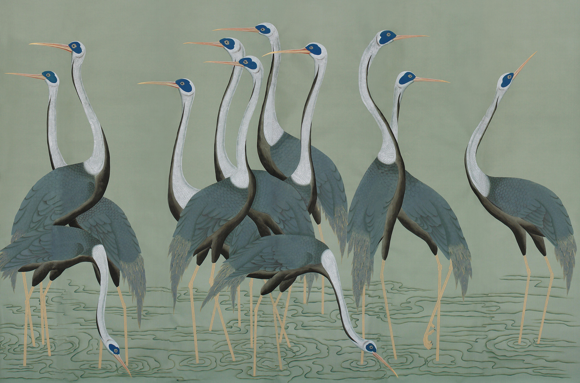 Обои ручная роспись Sarus Cranes Colourway SC-206 on Blue Grey dyed silk Обои ручная роспись Sarus Cranes Colourway SC-206 on Blue Grey dyed silk - постер Loft-Concept в Твери