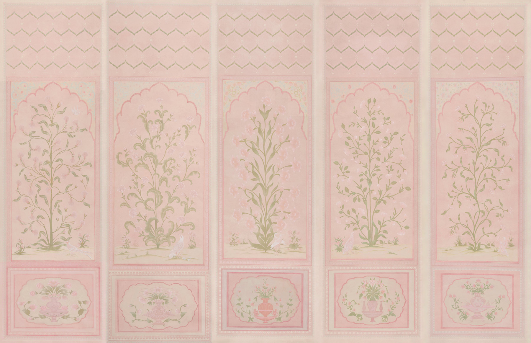 Обои ручная роспись Jharokha Arches Original colourway on pink painted Xuan paper Обои ручная роспись Jharokha Arches Original colourway on pink painted Xuan paper - постер Loft-Concept в Твери