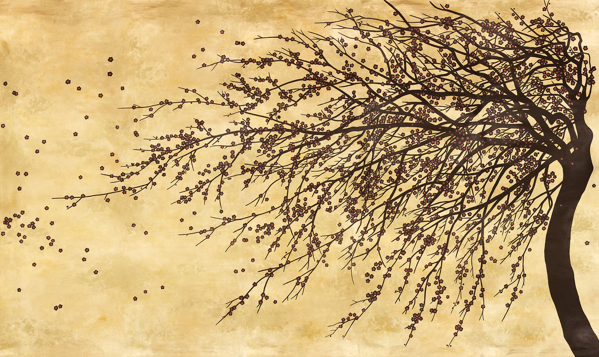 Обои ручная роспись Windswept Blossom Noir on Warm Gold gilded Xuan paper with pearlescent antiquing Обои ручная роспись Windswept Blossom Noir on Warm Gold gilded Xuan paper with pearlescent antiquing - постер Loft-Concept в Твери
