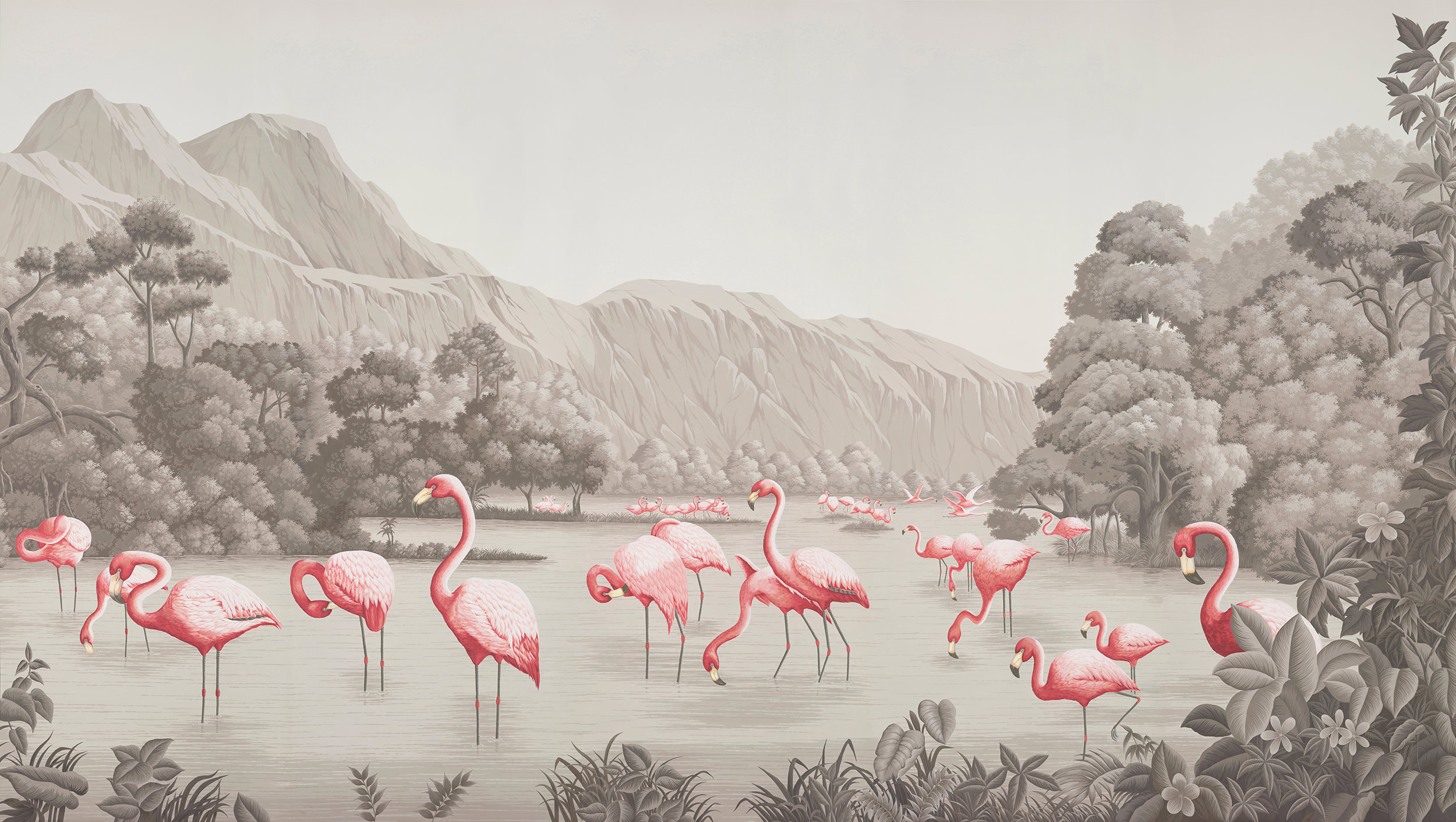 Обои ручная роспись Flamingos Flamingo on Eau Forte scenic paper Обои ручная роспись Flamingos Flamingo on Eau Forte scenic paper - постер Loft-Concept в Твери