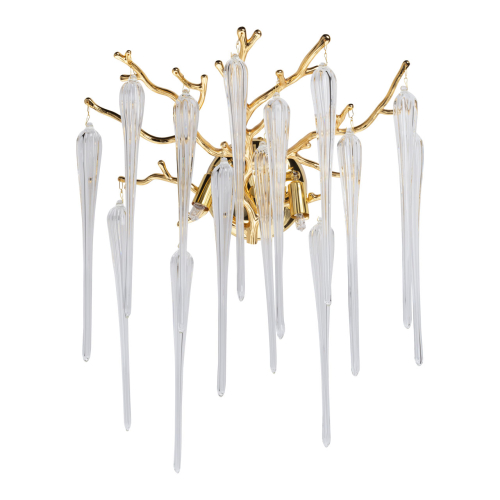 Бра золотого цвета с разветвленными ветвями и длинными прозрачными подвесками в форме стеклянных сосулек Droplet Chandelier Золотой Прозрачный в Твери | Loft Concept 