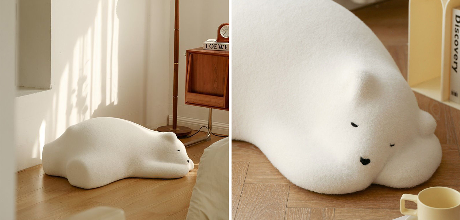 Белый пуф в детскую в виде спящего медведя - фото