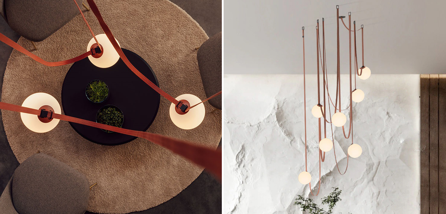 Vibia PLUSMINUS Серия подвесных светильников с белыми шарообразными плафонами из стекла на красных текстильных ремнях - фото