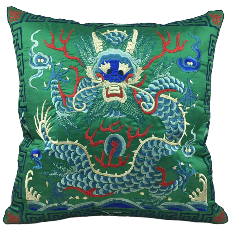 Декоративная подушка с вышивкой Chinese Dragon Green Зеленый Мульти Декоративная подушка с вышивкой Chinese Dragon Green Зеленый Мульти в Твери | Loft Concept