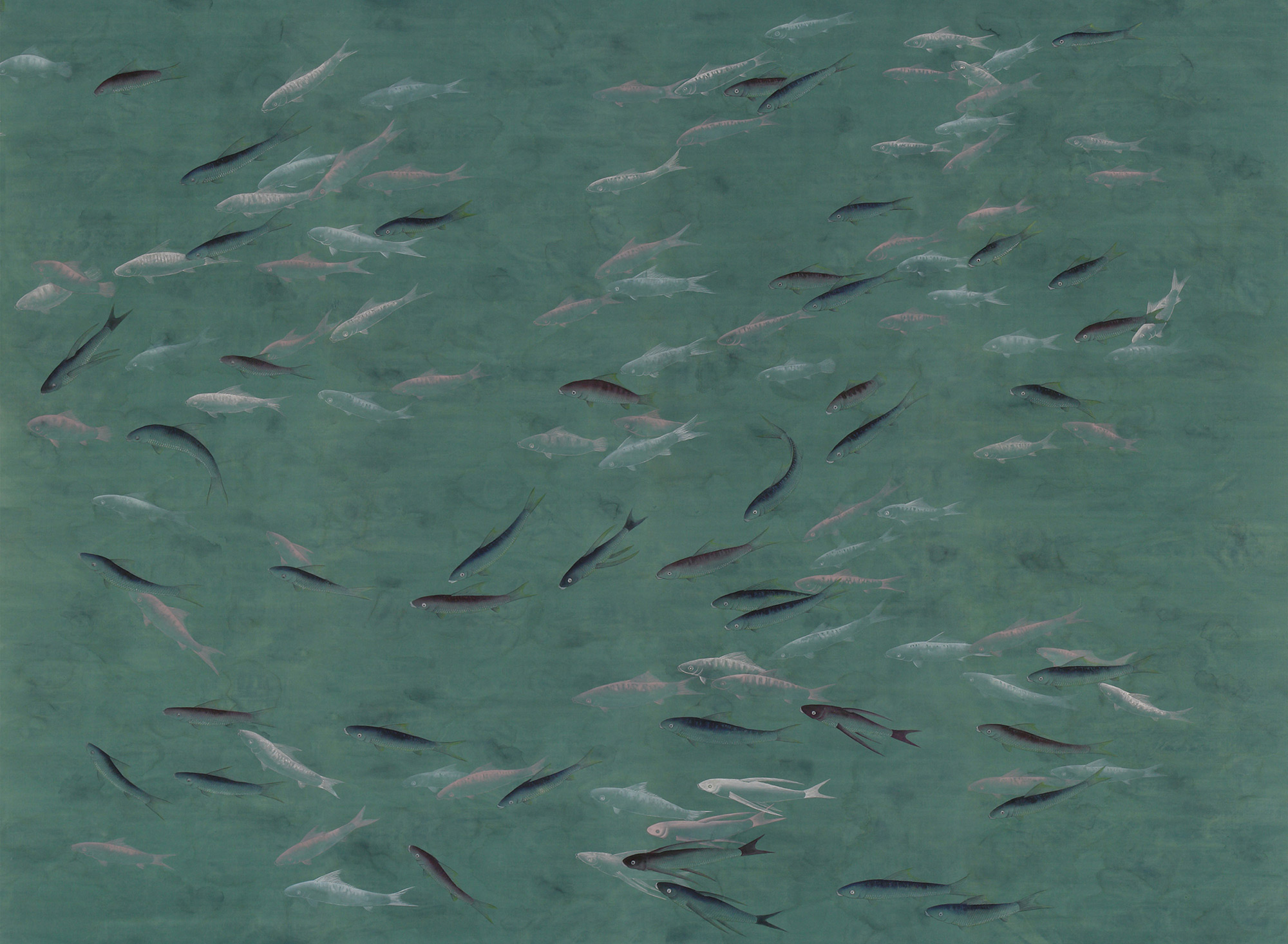 Обои ручная роспись Fishes Special Colourway on blue green painted silk with antiquing Обои ручная роспись Fishes Special Colourway on blue green painted silk with antiquing - постер Loft-Concept в Твери
