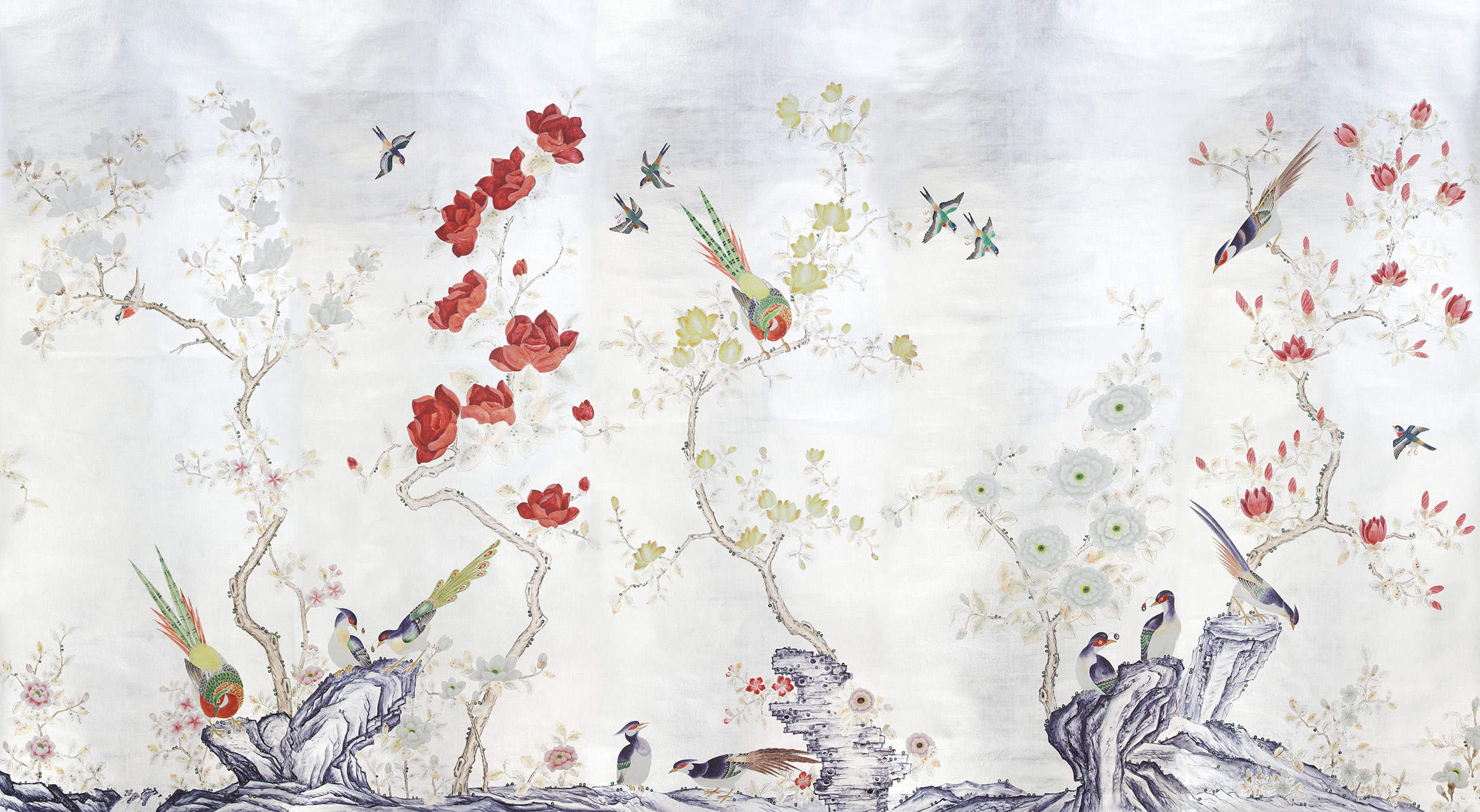 Обои шинуазри Japanese Garden Original colourway on Sterling Silver gilded Xuan paper Обои шинуазри Japanese Garden Original colourway on Sterling Silver gilded Xuan paper - постер Loft-Concept в Твери