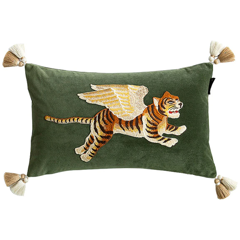 Декоративная подушка с вышивкой Стиль Gucci Winged Tiger Cushion Зеленый Оранжевый Золотой Декоративная подушка с вышивкой Стиль Gucci Winged Tiger Cushion Зеленый Оранжевый Золотой в Твери | Loft Concept