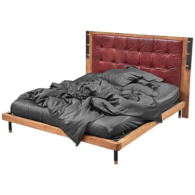 Кровать деревянная с изголовьем из натуральной кожи Kearns Bed Древесина Бургундский красный Кровать деревянная с изголовьем из натуральной кожи Kearns Bed Древесина Бургундский красный в Твери | Loft Concept