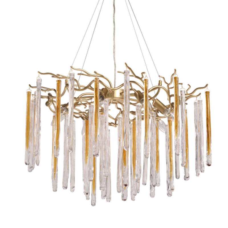 Люстра подвесная золотого цвета с разветвленными ветвями и прозрачными стеклянными подвесками Droplet Chandelier Золотой Прозрачный в Твери | Loft Concept 