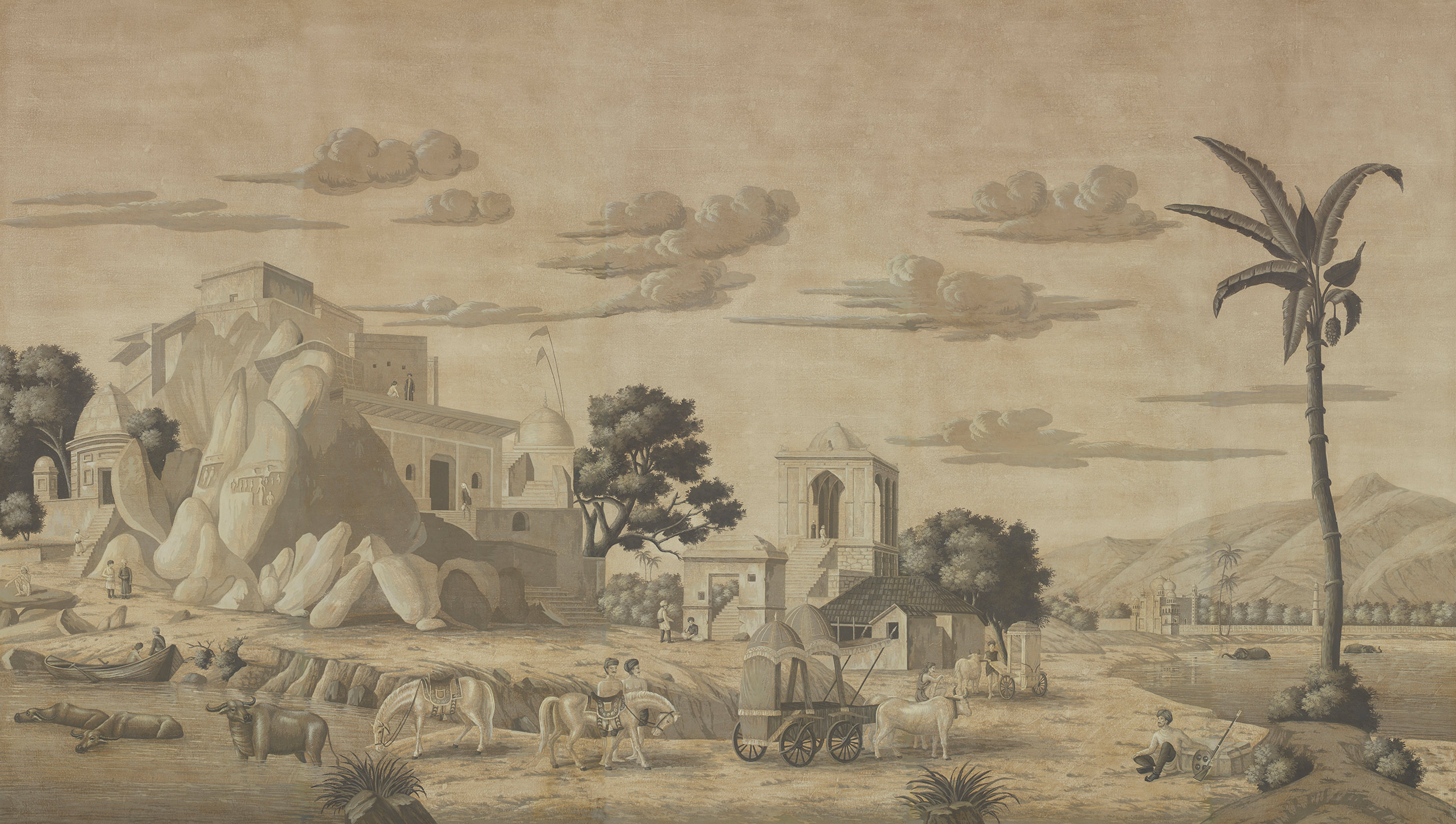 Обои ручная роспись Early Views of India Eau Forte on antique scenic Xuan paper Обои ручная роспись Early Views of India Eau Forte on antique scenic Xuan paper - постер Loft-Concept в Твери