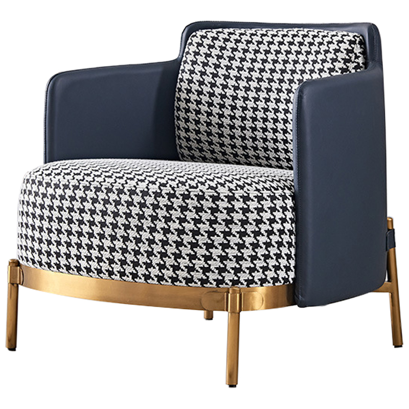 Кресло Pied de Poule Blue Armchair Синий Латунь Черно-белый Кресло Pied de Poule Blue Armchair Синий Латунь Черно-белый в Твери | Loft Concept
