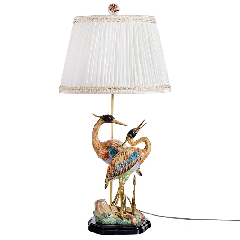 Настольная лампа с абажуром и основанием в виде двух цапель Porcelain Heron Lamp Белый Мульти Бронза в Твери | Loft Concept 