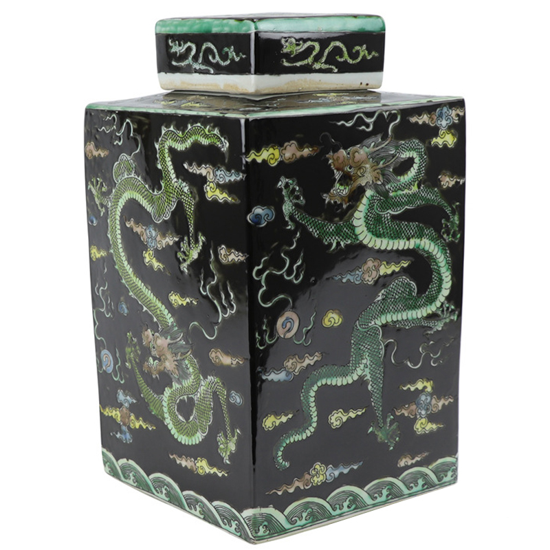 Ваза с крышкой квадратная Green Dragon Black Vase Черный Зеленый Желтый Светло-синий Ваза с крышкой квадратная Green Dragon Black Vase Черный Зеленый Желтый Светло-синий в Твери | Loft Concept