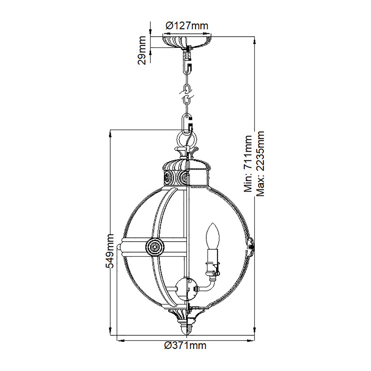 Подвесной светильник с прозрачным стеклянным плафоном в форме шара цвета никеля в индустриальном стиле на цепи 3 лампы Feiss в Твери