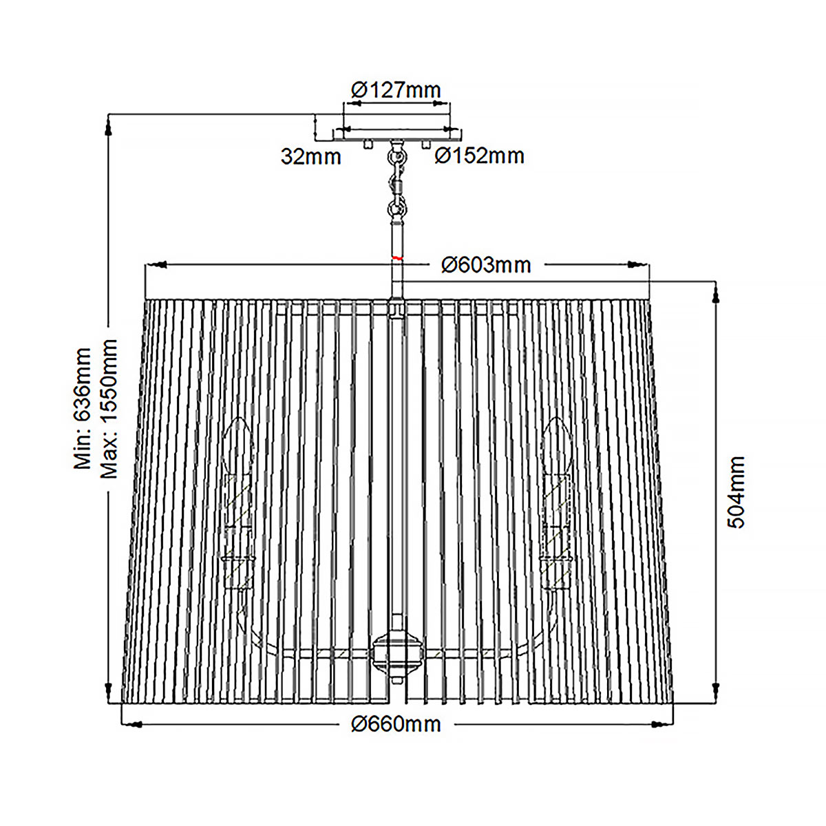 Люстра цвета латунь с 6-ю лампами свечами внутри цилиндрического абажура из черных металлических реек Kichler в Твери