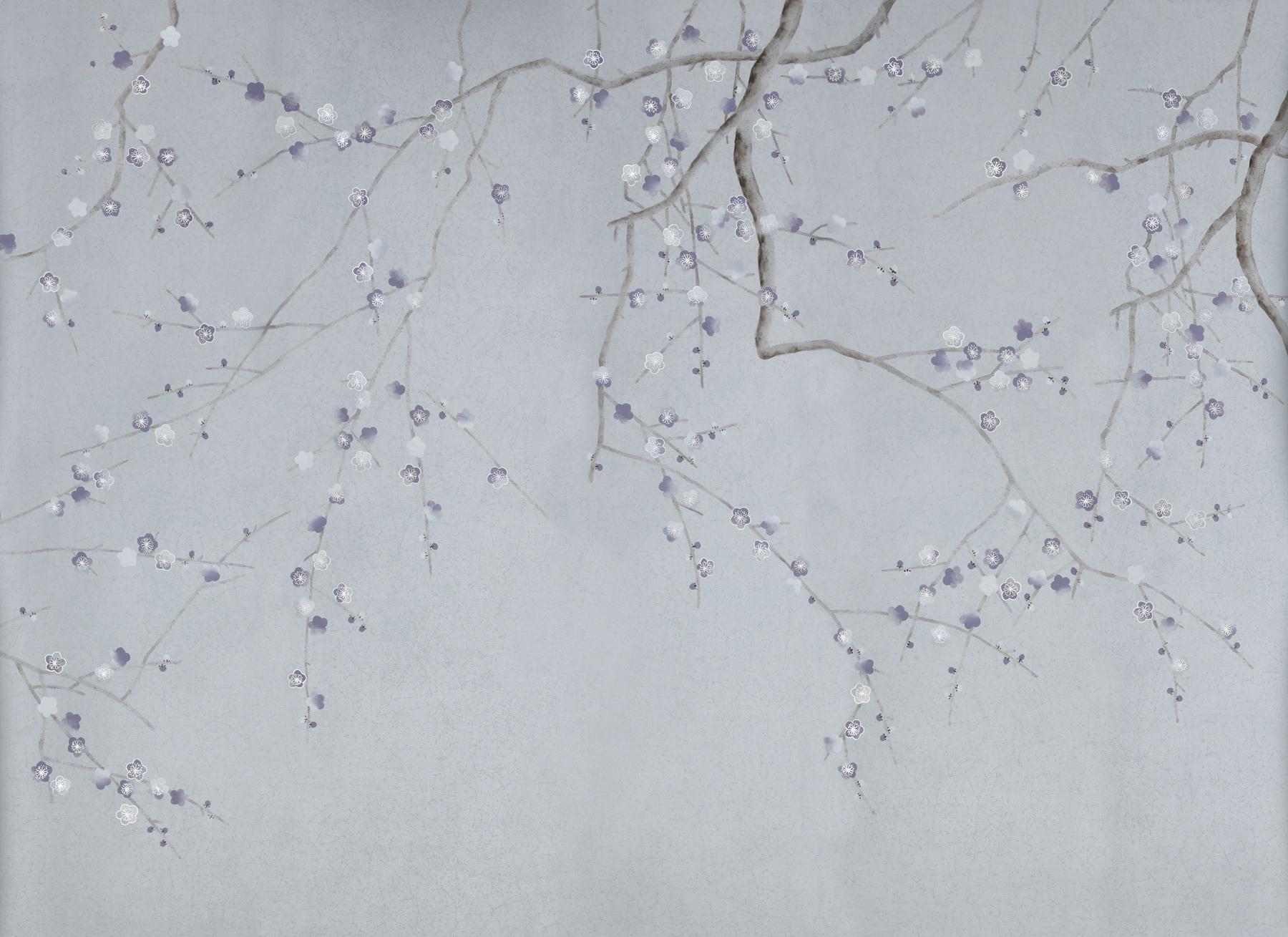 Обои ручная роспись Plum Blossom Special Colourway on Crackled Silver metallic silk Обои ручная роспись Plum Blossom Special Colourway on Crackled Silver metallic silk - постер Loft-Concept в Твери
