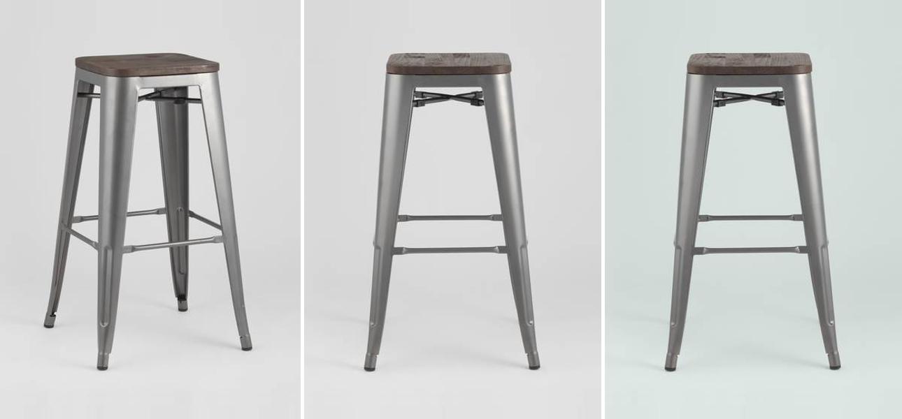 Барный Стул без Спинки Серебряный Матовый Металл  Деревянное Сидение - фото