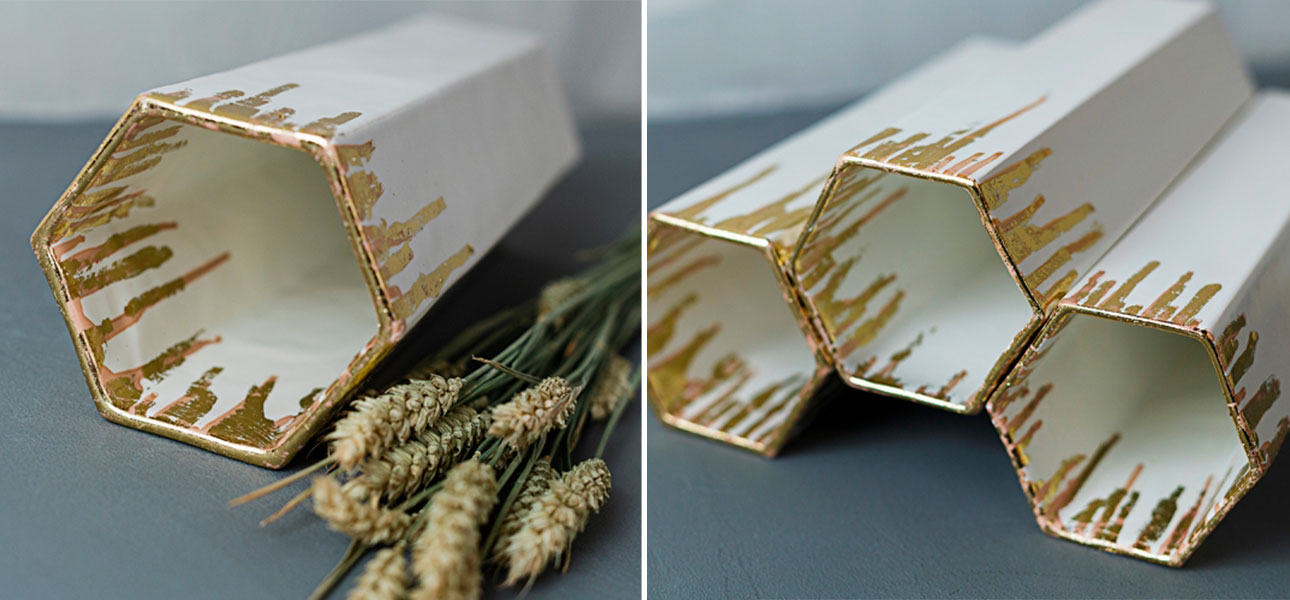 Ваза Шестигранник с золотыми подтеками белая - фото №1