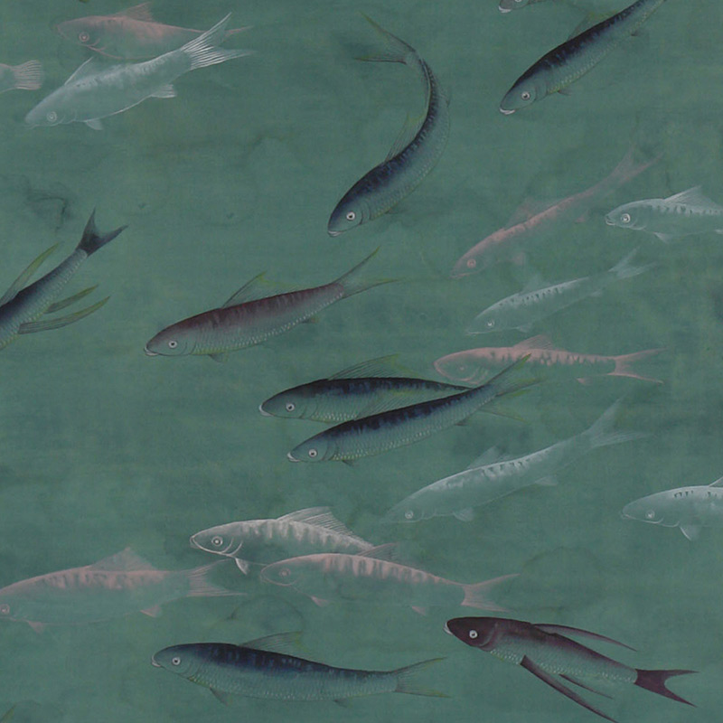 Обои ручная роспись Fishes Special Colourway on blue green painted silk with antiquing Обои ручная роспись Fishes Special Colourway on blue green painted silk with antiquing в Твери | Loft Concept
