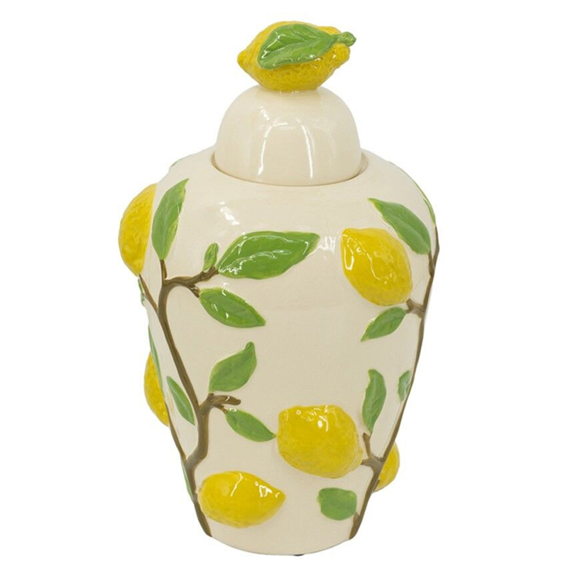 Ваза с крышкой кремового цвета и объемным рисунком лимонов и листьев Lemon Delight Кремовый Желтый Коричневый Зеленый Ваза с крышкой кремового цвета и объемным рисунком лимонов и листьев Lemon Delight Кремовый Желтый Коричневый Зеленый в Твери | Loft Concept