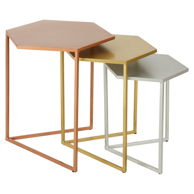 Комплект из 3-х приставных столиков Trio Hexagon Side Tables Медь Золотой Серебряный Комплект из 3-х приставных столиков Trio Hexagon Side Tables Медь Золотой Серебряный в Твери | Loft Concept