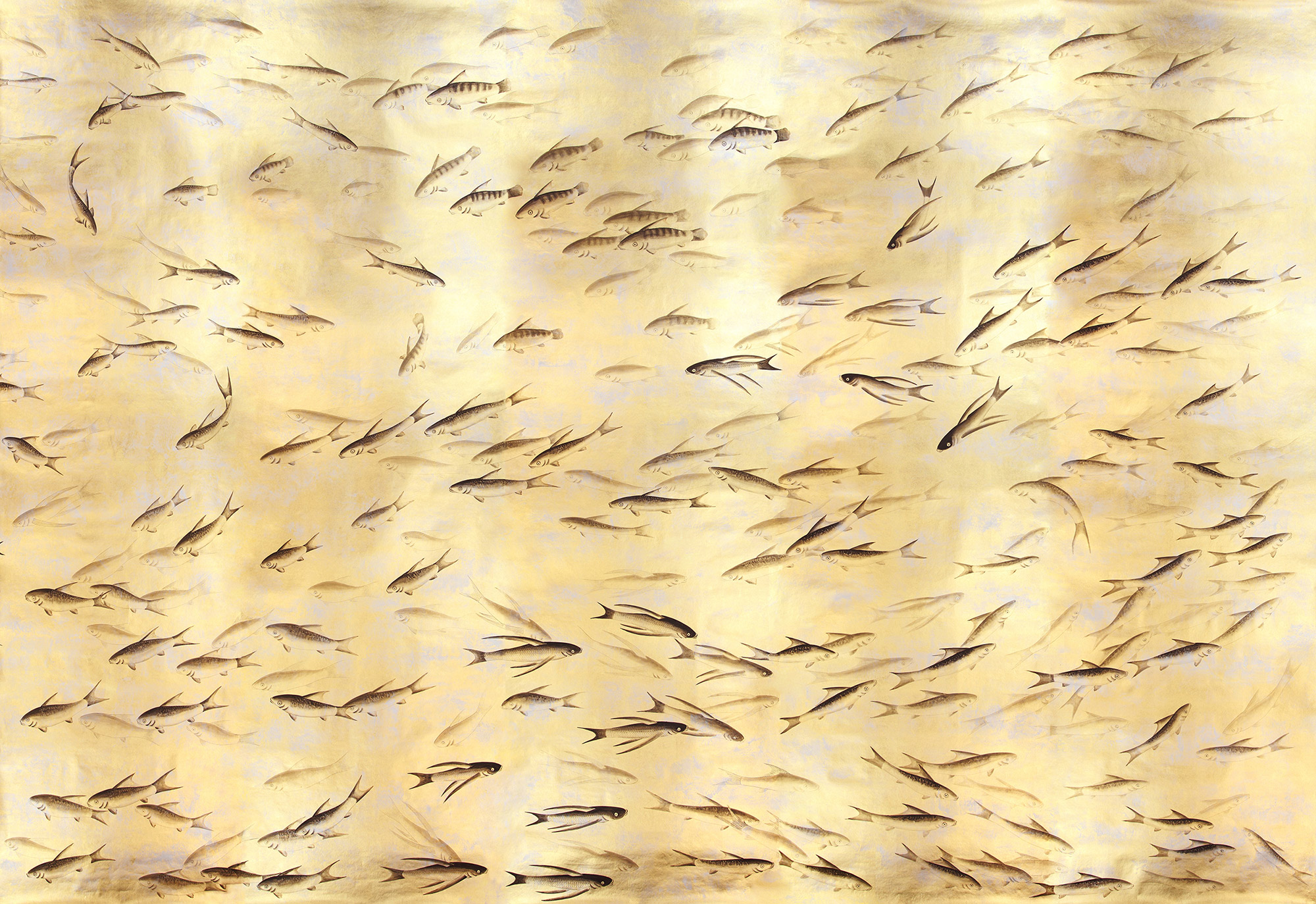Обои ручная роспись Fishes Original colourway on Deep Rich Gold gilded paper with d?sargenter pearlescent antiquing Обои ручная роспись Fishes Original colourway on Deep Rich Gold gilded paper with d?sargenter pearlescent antiquing - постер Loft-Concept в Твери