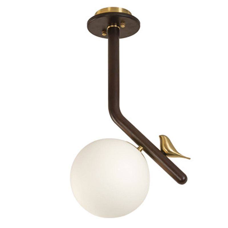 Потолочный светильник с птичкой Bird Wood Ring Ceiling Lamp Латунь Коричневый Белое матовое стекло в Твери | Loft Concept 
