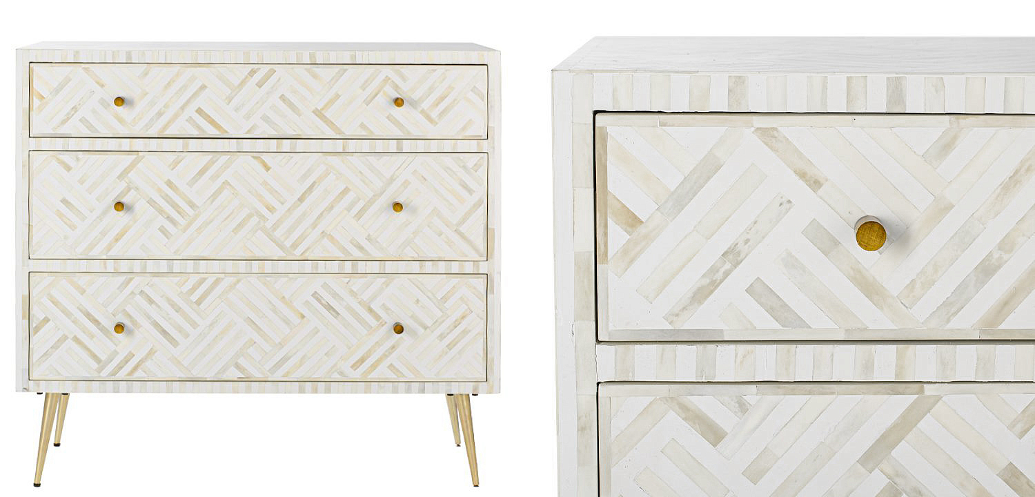 Комод инкрустация костью White Indian Bone Inlay 3 drawer Белый Комод инкрустация костью White Indian Bone Inlay 3 drawer Белый - Loft-Concept в Твери