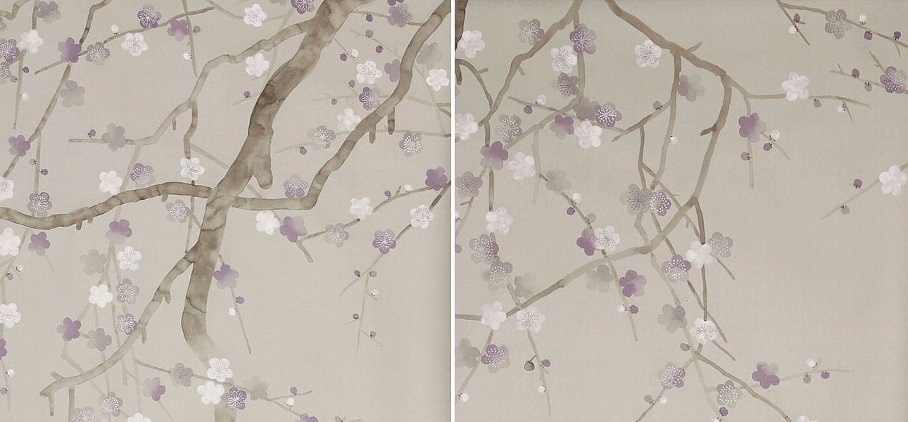 Обои ручная роспись Plum Blossom Special Colourway on Oyster Shell metallic silk Обои ручная роспись Plum Blossom Special Colourway on Oyster Shell metallic silk - Loft-Concept в Твери