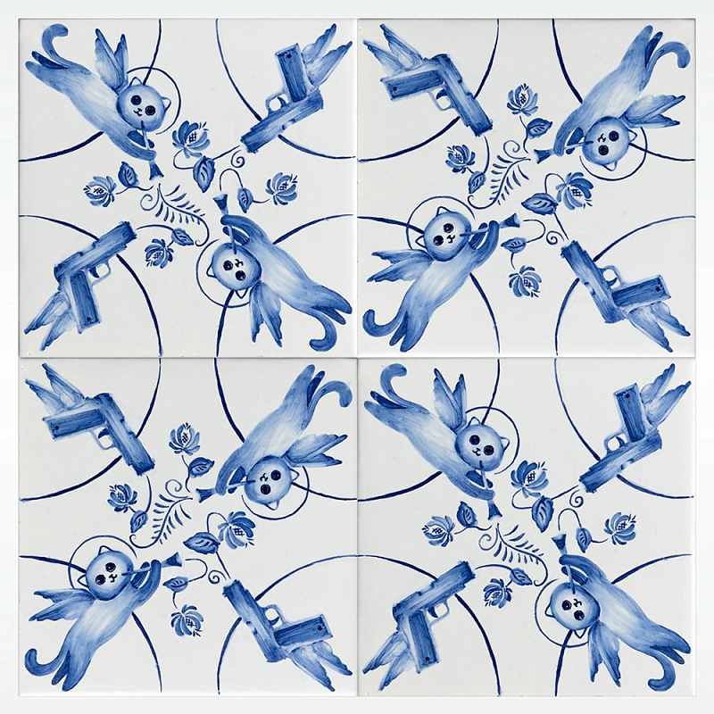 Плитка с узором 2 кота 2 пистолета Белый Синий в Твери | Loft Concept 