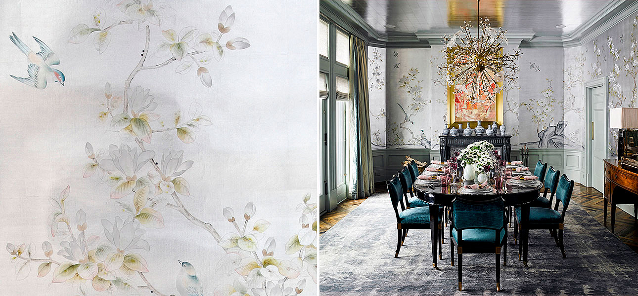 Обои ручная роспись Japanese Garden Special Colourway on Ocean Silver gilded silk Обои ручная роспись Japanese Garden Special Colourway on Ocean Silver gilded silk - Loft-Concept в Твери