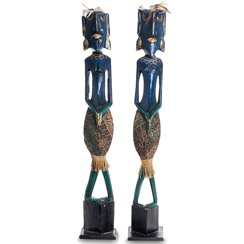 Комплект из 2-х деревянных статуэток Asmat Tall Statuettes Blue Green Синий Зеленый Мульти в Твери | Loft Concept 
