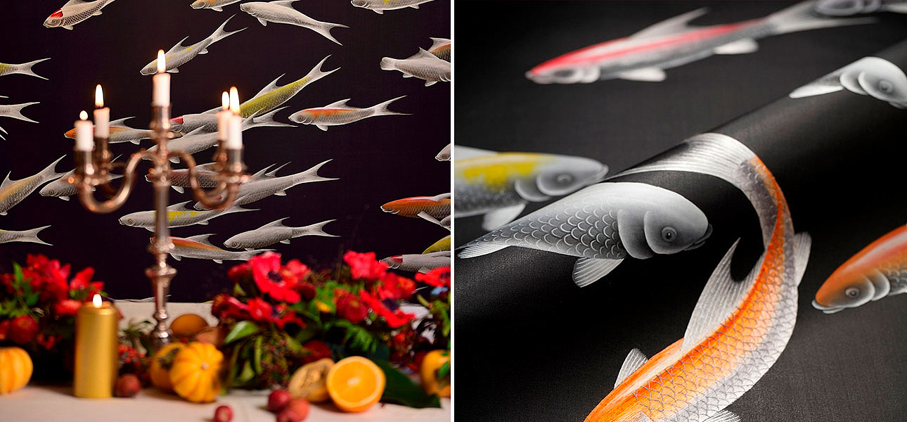 Обои ручная роспись Fishes Koi on Pitch dyed silk Обои ручная роспись Fishes Koi on Pitch dyed silk - Loft-Concept в Твери