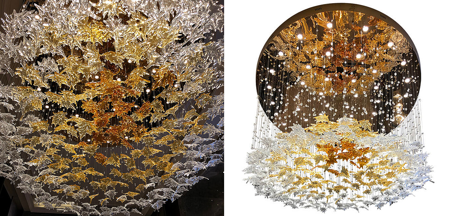 Большая круглая люстра с подвесками в виде листьев Amber Leaf Fall Light Chandelier Большая круглая люстра с подвесками в виде листьев Amber Leaf Fall Light Chandelier - Loft-Concept в Твери