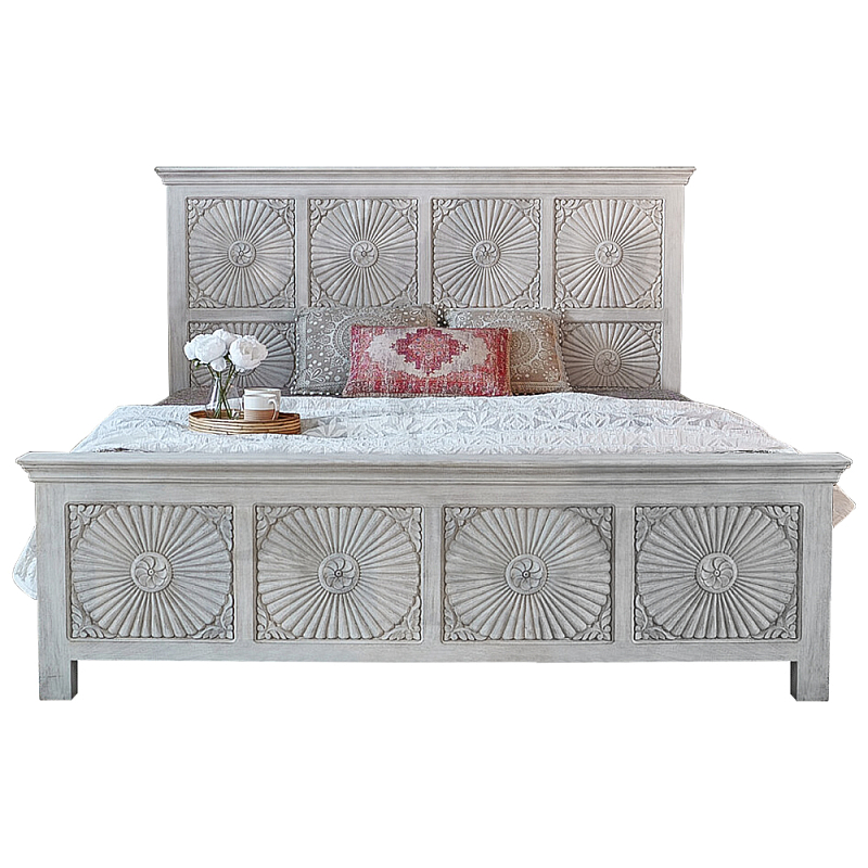 Двуспальная кровать из массива манго с резьбой Olan Grey Mango Bed Светло-бежевый Двуспальная кровать из массива манго с резьбой Olan Grey Mango Bed Светло-бежевый в Твери | Loft Concept